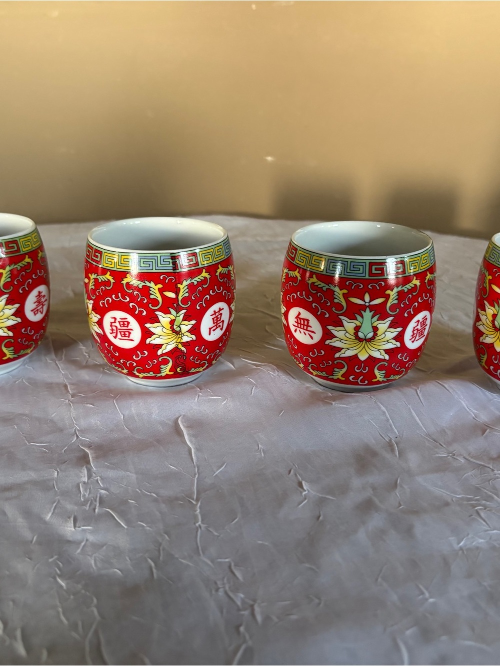Red Chinese Porcelain Tea Cups with Floral Motif - Set